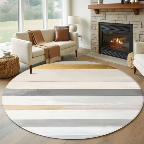 Round Area Rug 5ft Abstract off White Gray Yellow Circle Kitchen Mats Non-Slip Oil Painting Art Washable Round Carpet for Kitchen Living Room Bedroom Home Decor