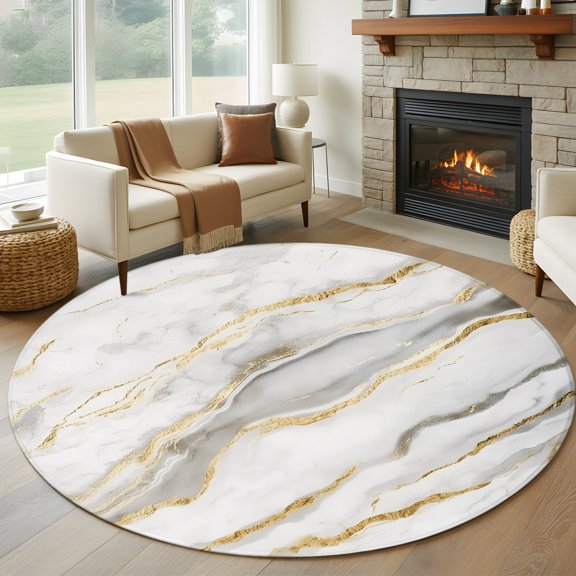 Round Area Rug 5ft Abstract White Marble Texture Area Rugs Washable Low Pile Floor Carpet for Bedroom, Retro Golden Veins Seamless Non Slip Soft Rugs for Living Room Entryway Dining Room