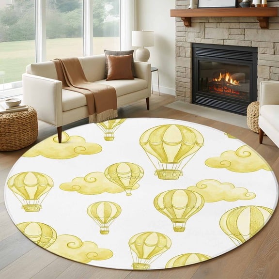 Round Area Rug 5ft, Abstract Yellow Hot Balloons Clouds Non-Slip Non-Shedding Floor Mat, Cartoon Sky Washable Sturdy Carpet for Living Room Bedroom Home Decor