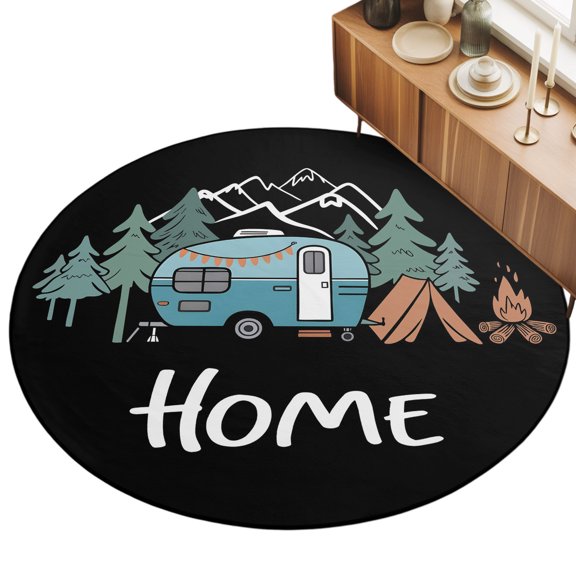 Round Area Rug 5ft Adventure Camper Floor Carpets Indoor Floor Area Mat Stain-Proof Mat Circle Rugs for Living Room Dining Room Kitchen Bedroom, Forest Pine Trees Mountain Home Sofa Throw Carpet