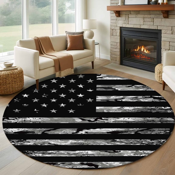 Round Area Rug 5ft American Flag Independence Day Area Rugs Washable Low Pile Floor Carpet for Bedroom, USA Stars and Stripes Camouflages Non Slip Soft Rugs for Living Room Entryway Dining Room