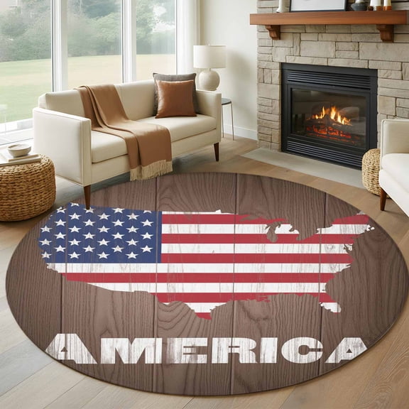 Round Area Rug 5ft American Independence Day Area Rugs Washable Low Pile Floor Carpet for Bedroom, USA Flag Map on Wood Grain Non Slip Soft Rugs for Living Room Entryway Dining Room