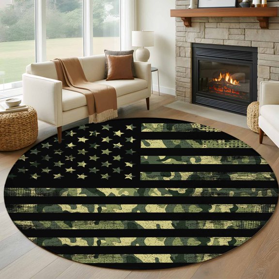 Round Area Rug 5ft American Retro Stars and Stripes Flag Area Rugs Washable Low Pile Floor Carpet for Bedroom, Forests Army Camouflage Non Slip Soft Rugs for Living Room Entryway Dining Room