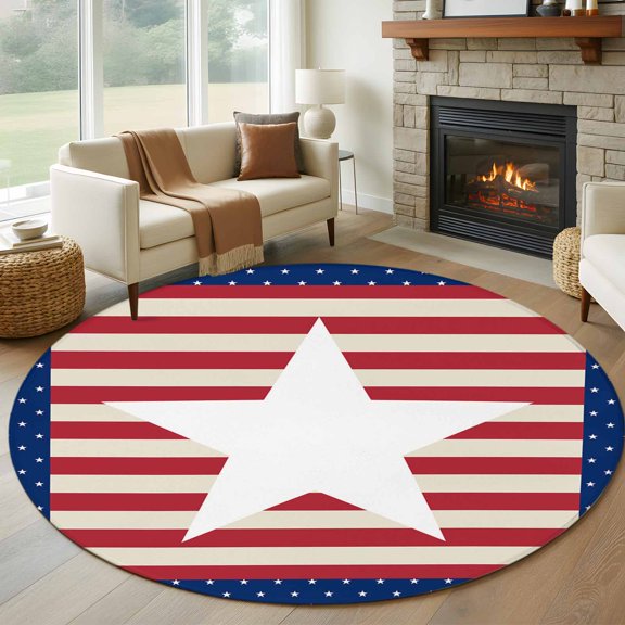 Round Area Rug 5ft American Star on Retro Stripes Area Rugs Washable Low Pile Floor Carpet for Bedroom, USA Independence Day Non Slip Soft Rugs for Living Room Entryway Dining Room