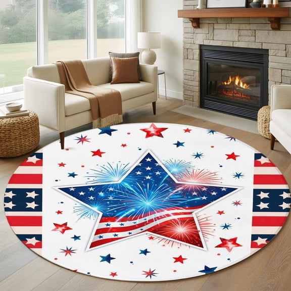 Round Area Rug 5ft Anniversary USA Flag Area Rugs Washable Low Pile Floor Carpet for Bedroom, Independence Day Patriotic Non Slip Soft Rugs for Living Room Entryway Dining Room