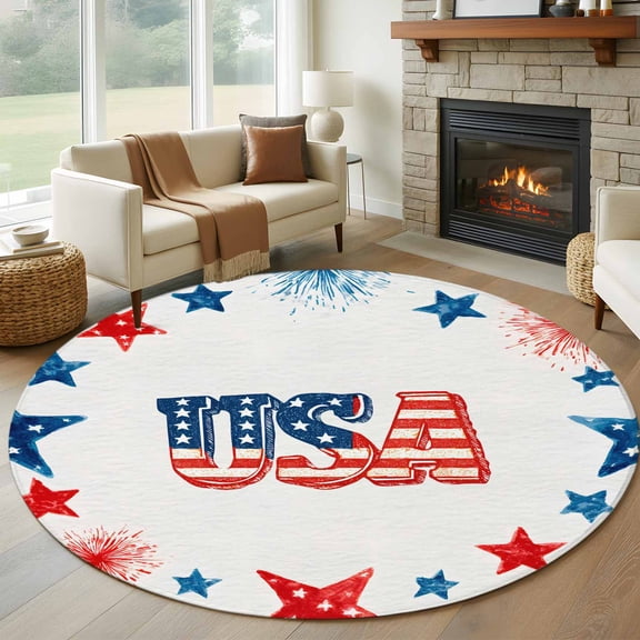 Round Area Rug 5ft Anniversary USA Flag Area Rugs Washable Low Pile Floor Carpet for Bedroom, Stripes and Stars Minimalist Non Slip Soft Rugs for Living Room Entryway Dining Room