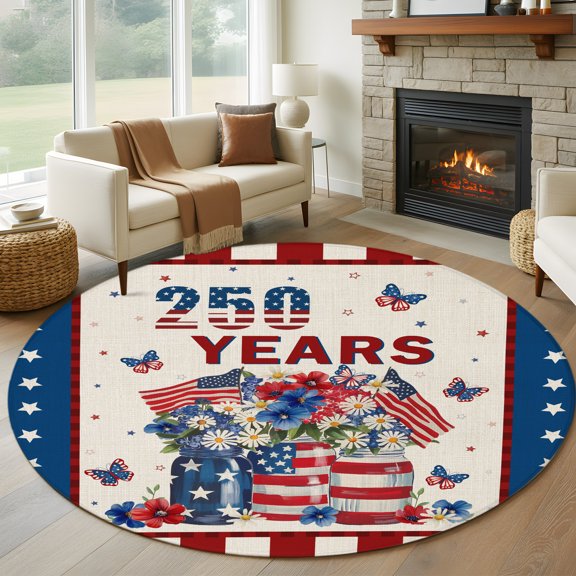 Round Area Rug 5ft Anniversary USA Flag Area Rugs Washable Low Pile Floor Carpet for Bedroom, Stripes and Stars Patriotic Non Slip Soft Rugs for Living Room Entryway Dining Room