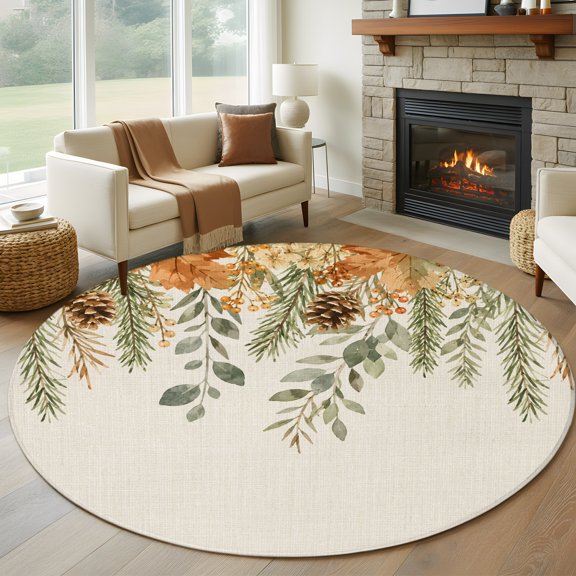 Round Area Rug 5ft Autumn Eucalyptus Leaf Retro Linen Area Rugs Washable Low Pile Floor Carpet for Bedroom, Fall Leaves Pine Cone Non Slip Soft Rugs for Living Room Entryway Dining Room
