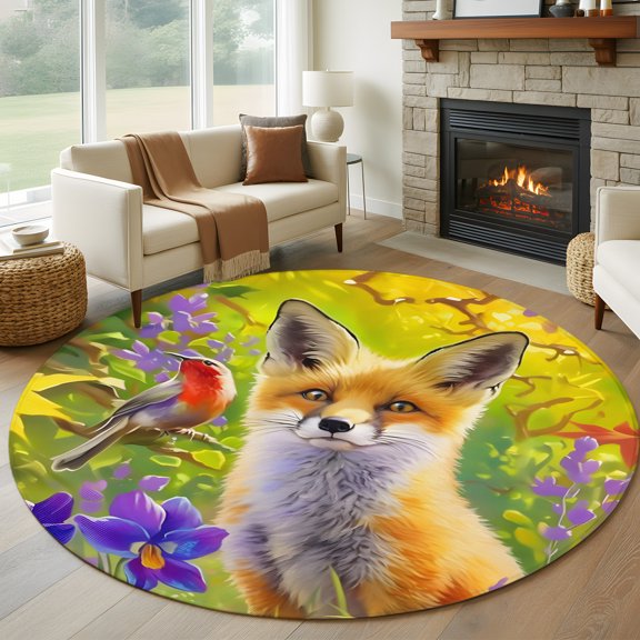 Round Area Rug 5ft Autumn Fox Bird Flower Area Rugs Washable Low Pile Floor Carpet for Bedroom, Rustic Pastoral Natural Theme Non Slip Soft Rugs for Living Room Entryway Dining Room