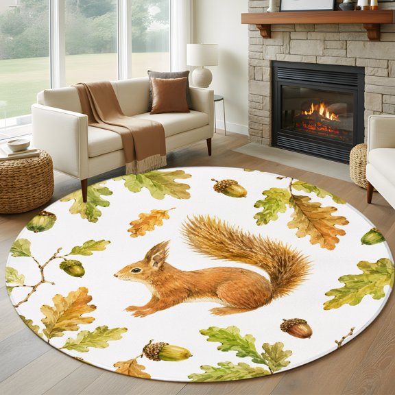 Round Area Rug 5ft Autumn Squirrel Pine Cone Leaf Area Rugs Washable Low Pile Floor Carpet for Bedroom, Farmhouse Fall Animal Plant Non Slip Soft Rugs for Living Room Entryway Dining Room