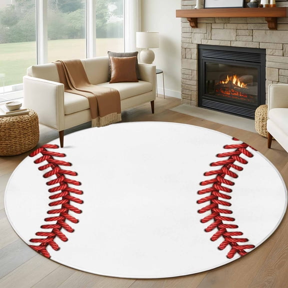 Round Area Rug 5ft Baseball Stitches Texture Area Rugs Washable Low Pile Floor Carpet for Bedroom, Modern Minimalist Sport Theme Non Slip Soft Rugs for Living Room Entryway Dining Room