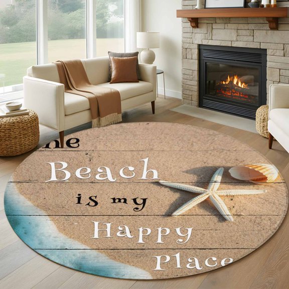 Round Area Rug 5ft Beach Happy Place Starfish Shells Area Rugs Washable Low Pile Floor Carpet for Bedroom, Seaside Sea Water Non Slip Soft Rugs for Living Room Entryway Dining Room