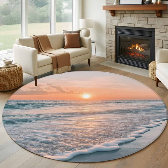 Round Area Rug 5ft Beach Waves Summer Sunset Area Rugs Washable Low Pile Floor Carpet for Bedroom, Blue Sea Water Non Slip Soft Rugs for Living Room Entryway Dining Room