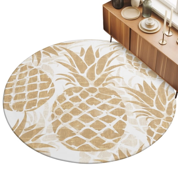 Round Area Rug 5ft Beige Pineapple Floor Carpets Indoor Floor Area Mat Stain-Proof Mat Circle Rugs for Living Room Dining Room Kitchen Bedroom, Summer Tropical Fruit Leaves Sofa Throw Carpet