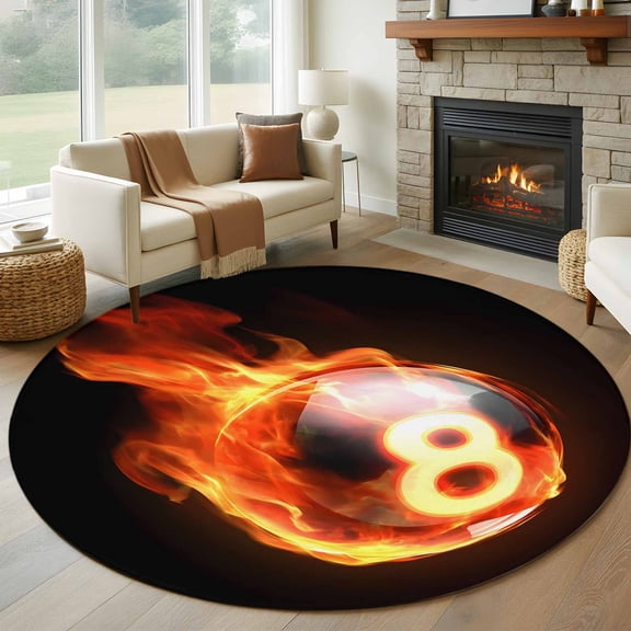 Round Area Rug 5ft Billiards Flame Black Eight Area Rugs Washable Low Pile Floor Carpet for Bedroom, Abstract Sport Ball Non Slip Soft Rugs for Living Room Entryway Dining Room