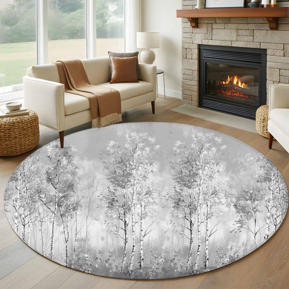 Round Area Rug 5ft Birch Tree Grey Gradient Area Rugs Washable Low Pile Floor Carpet for Bedroom, Vintage Oil Painting Art Non Slip Soft Rugs for Living Room Entryway Dining Room