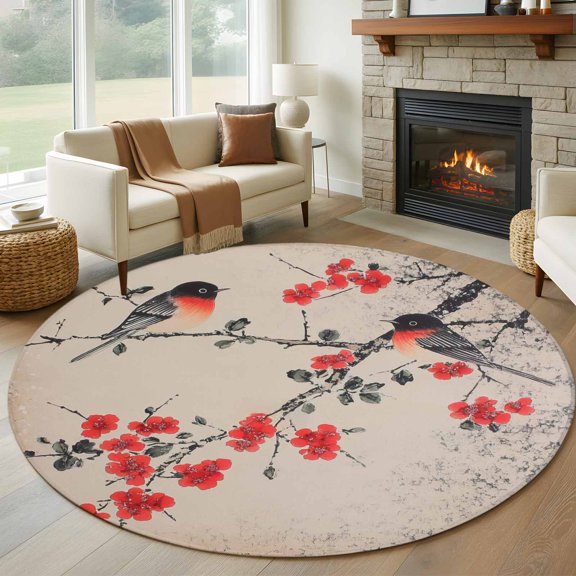 Round Area Rug 5ft Bird on Branch Circle Kitchen Mats Non-Slip Plum Blossom Flower Leaves Washable Round Carpet for Kitchen Living Room Bedroom Home Decor