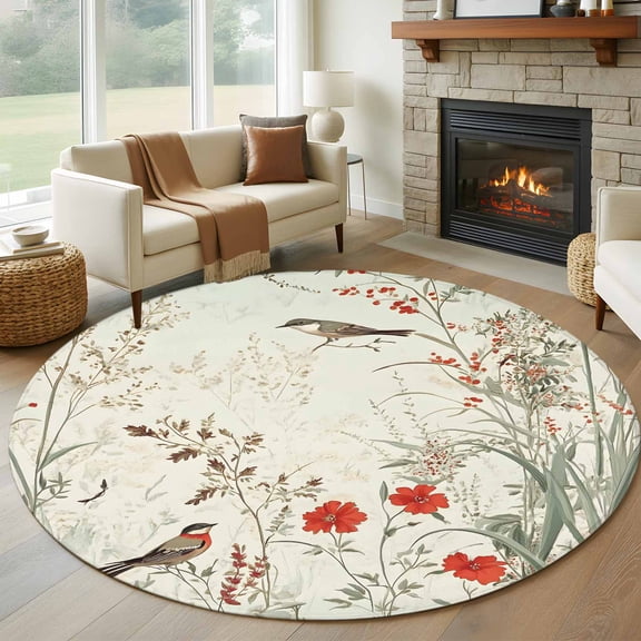 Round Area Rug 5ft Bird Circle Kitchen Mats Non-Slip Spring Floral Leaves Washable Round Carpet for Kitchen Living Room Bedroom Home Decor