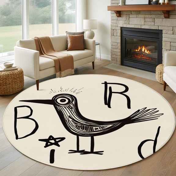 Round Area Rug 5ft Bird Letter Circle Kitchen Mats Non-Slip Graffiti Animals Washable Round Carpet for Kitchen Living Room Bedroom Home Decor