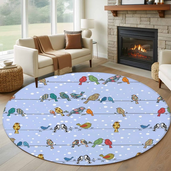 Round Area Rug 5ft, Birds Sparrows on Cables Non-Slip Non-Shedding Floor Mat, White Snow Points Washable Sturdy Carpet for Living Room Bedroom Home Decor