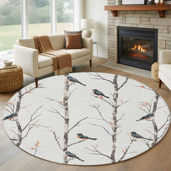 Round Area Rug 5ft Birds on Tree Branch Circle Kitchen Mats Non-Slip Tree Leaf Washable Round Carpet for Kitchen Living Room Bedroom Home Decor
