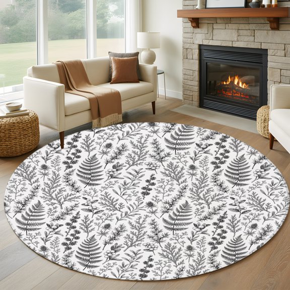 Round Area Rug 5ft Black Botanical Leaves Pattern Area Rugs Washable Low Pile Floor Carpet for Bedroom, Fern Plant Berry Branch Non Slip Soft Rugs for Living Room Entryway Dining Room