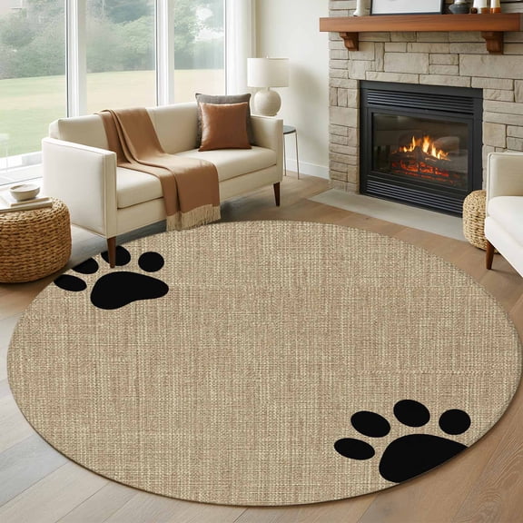 Round Area Rug 5ft, Black Dog Paws Prints Non-Shedding Washable Area Rug, Farm Animal Claws Brown Linen Non Slip Low-Profile Circle Rugs for Living Room, Bedroom Dining Room