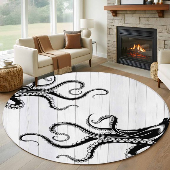 Round Area Rug 5ft, Black Giant Squid Non-Shedding Washable Area Rug, Wood Grain Background Non Slip Low-Profile Circle Rugs for Living Room, Bedroom Dining Room