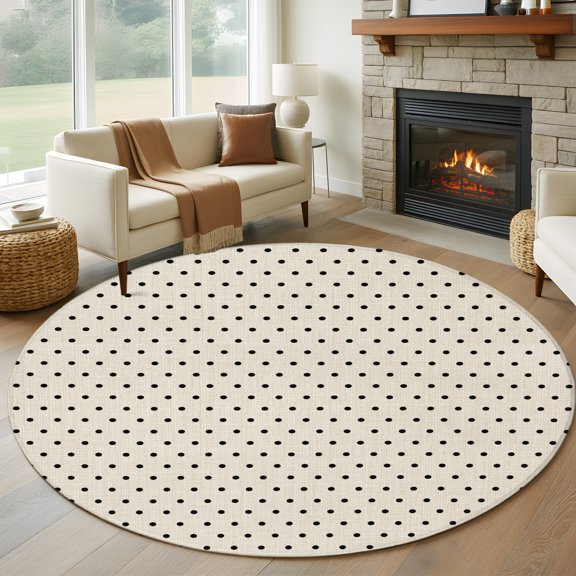 Round Area Rug 5ft Black Polka Dot Seamless Area Rugs Washable Low Pile Floor Carpet for Bedroom, Vintage Linen Texture Non Slip Soft Rugs for Living Room Entryway Dining Room