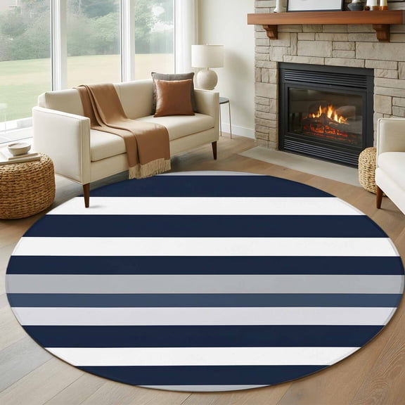 Round Area Rug 5ft Black White Blue Grey Horizontal Stripes Area Rugs Washable Low Pile Floor Carpet for Bedroom, Classic Pattern Non Slip Soft Rugs for Living Room Entryway Dining Room
