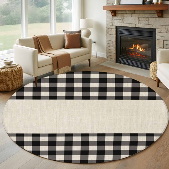 Round Area Rug 5ft, Black White Buffalo Plaid Non-Shedding Washable Area Rug, Retro Linen Checkered Non Slip Low-Profile Circle Rugs for Living Room, Bedroom Dining Room