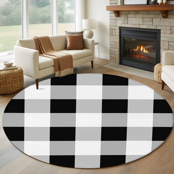Round Area Rug 5ft, Black White Plaid Non-slip Area Rugs for Living Room/Bedroom/Bathroom/Kitchen, Spring Farmhouse Buffalo Checkered Washable Throw Floor Mat Indoor Outdoor Entrance Doormat