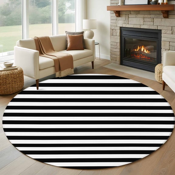 Round Area Rug 5ft Black White Stripes Area Rugs Washable Low Pile Floor Carpet for Bedroom, Modern Chic Lines Non Slip Soft Rugs for Living Room Entryway Dining Room