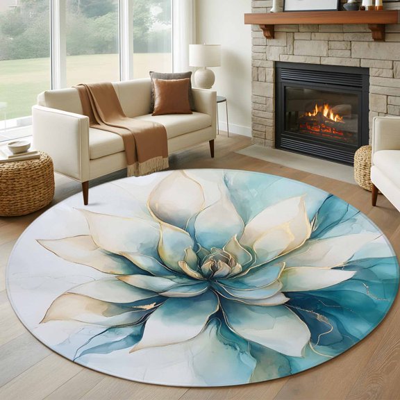 Round Area Rug 5ft Blooming Flower White Lotus Area Rugs Washable Low Pile Floor Carpet for Bedroom, Abstract Marble Texture Non Slip Soft Rugs for Living Room Entryway Dining Room