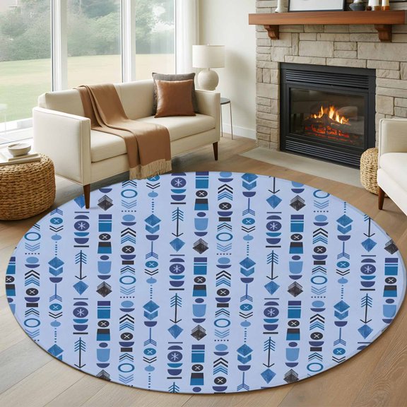 Round Area Rug 5ft Blue Aztec Tribal Arrows Area Rugs Washable Low Pile Floor Carpet for Bedroom, Southwestern Geometric Art Non Slip Soft Rugs for Living Room Entryway Dining Room