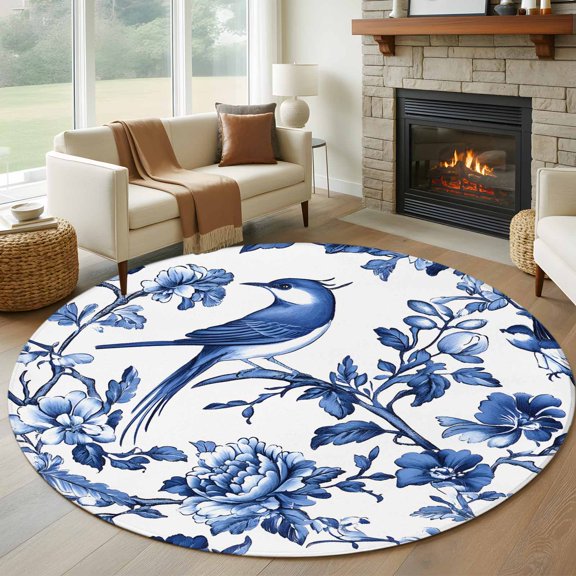 Round Area Rug 5ft Blue Bird Circle Kitchen Mats Non-Slip Flower Washable Round Carpet for Kitchen Living Room Bedroom Home Decor