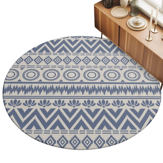 Round Area Rug 5ft Blue Boho Diamonds Floor Carpets Indoor Floor Area Mat Stain-Proof Mat Circle Rugs for Living Room Dining Room Kitchen Bedroom, Bohemian Tribal Zigzags Circles Sofa Throw Carpet