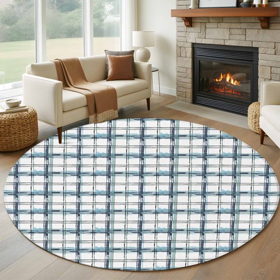 Round Area Rug 5ft Blue Check Circle Kitchen Mats Non-Slip Ombre Buffalo Plaid Washable Round Carpet for Kitchen Living Room Bedroom Home Decor