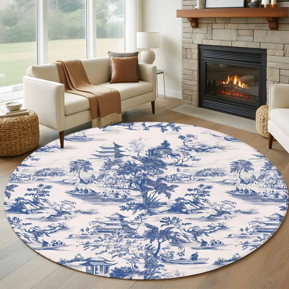 Round Area Rug 5ft Blue Chinoiserie Garden Pavilion Area Rugs Washable Low Pile Floor Carpet for Bedroom, Asian Scenic Hill Boat Plant Non Slip Soft Rugs for Living Room Entryway Dining Room