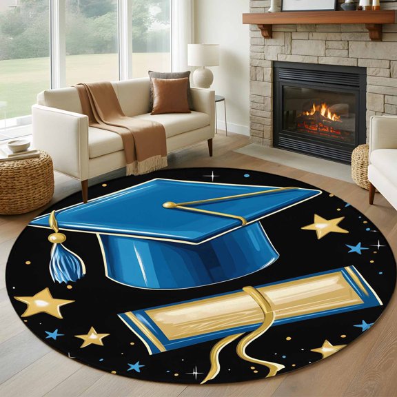 Round Area Rug 5ft Blue Graduation Cap Diploma Area Rugs Washable Low Pile Floor Carpet for Bedroom, Gold Stars Non Slip Soft Rugs for Living Room Entryway Dining Room