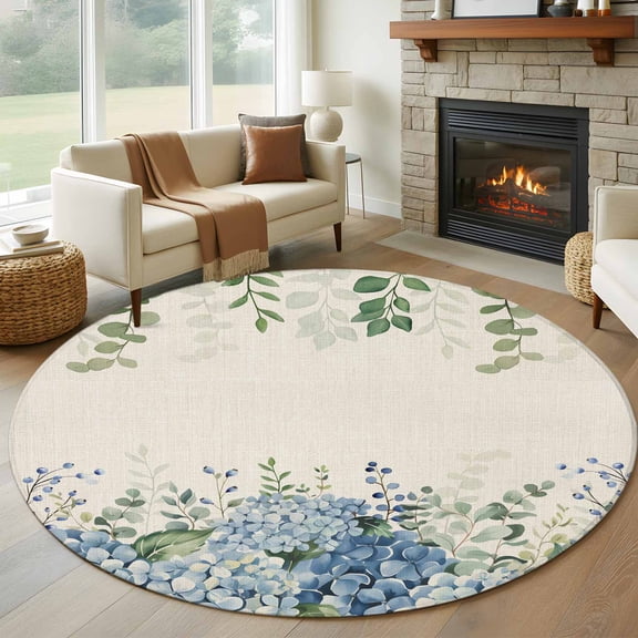 Round Area Rug 5ft Blue Hydrangea Flower Green Eucalyptus Leaves Area Rugs Washable Low Pile Floor Carpet for Bedroom, Retro Linen Non Slip Soft Rugs for Living Room Entryway Dining Room