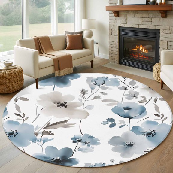 Round Area Rug 5ft Blue Light Brown Flower Leaves Area Rugs Washable Low Pile Floor Carpet for Bedroom, Spring Floral Non Slip Soft Rugs for Living Room Entryway Dining Room
