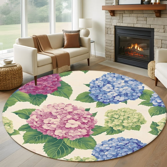 Round Area Rug 5ft Blue Pink Green Hydrangea Blooms Area Rugs Washable Low Pile Floor Carpet for Bedroom, Retro Floral Art Non Slip Soft Rugs for Living Room Entryway Dining Room