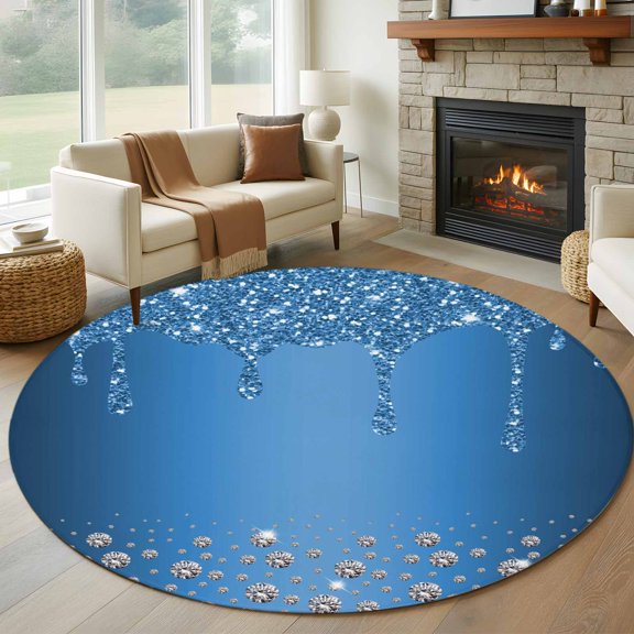 Round Area Rug 5ft Blue Silver Shiny Diamond Area Rugs Washable Low Pile Floor Carpet for Bedroom, Luxury Texture Colorful Modern Non Slip Soft Rugs for Living Room Entryway Dining Room