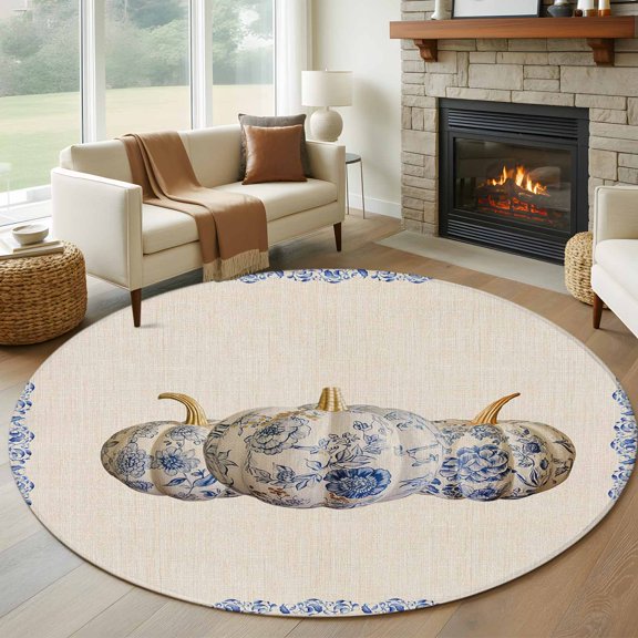 Round Area Rug 5ft Blue White Porcelain Texture Pumpkin Area Rugs Washable Low Pile Floor Carpet for Bedroom, Flower Leaves on Farm Burlap Non Slip Soft Rugs for Living Room Entryway Dining Room