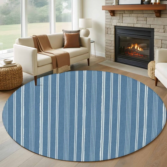 Round Area Rug 5ft Blue White Vertical Stripes Area Rugs Washable Low Pile Floor Carpet for Bedroom, Pinstripe Pattern Non Slip Soft Rugs for Living Room Entryway Dining Room