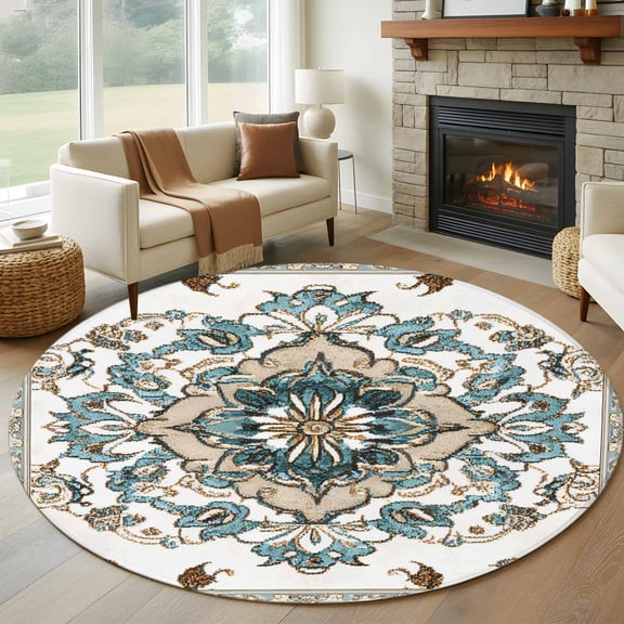 Round Area Rug 5ft Bohemia Native Farmhouse Flower Area Rugs Washable Low Pile Floor Carpet for Bedroom, Abstract Retro Tribal Non Slip Soft Rugs for Living Room Entryway Dining Room