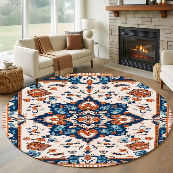 Round Area Rug 5ft Bohemia Tribal Western Pattern Area Rugs Washable Low Pile Floor Carpet for Bedroom, Retro Native Aesthetic Non Slip Soft Rugs for Living Room Entryway Dining Room