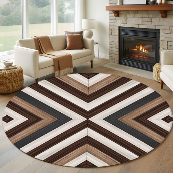 Round Area Rug 5ft Bohemian Brown Beige Aztec Texture Area Rugs Washable Low Pile Floor Carpet for Bedroom, Western Native Tribal Non Slip Soft Rugs for Living Room Entryway Dining Room