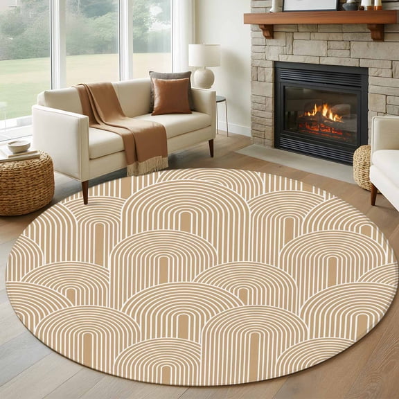 Round Area Rug 5ft Bohemian Geometric Khaki Line Area Rugs Washable Low Pile Floor Carpet for Bedroom, Mid Century Abstract Pattern Non Slip Soft Rugs for Living Room Entryway Dining Room